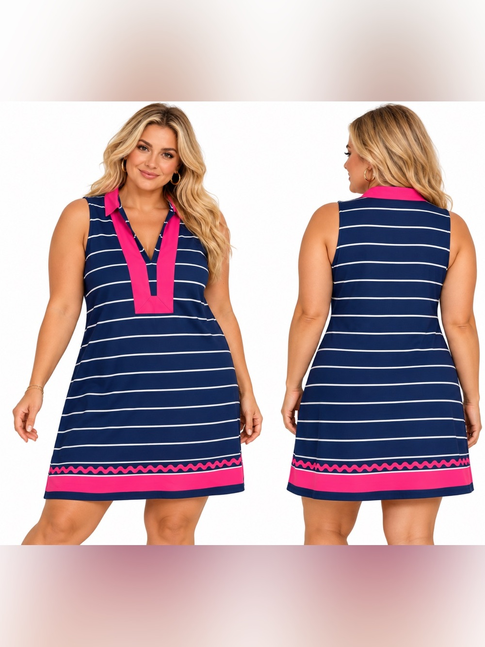 Simply Southern Size XXL Sleeveless Navy Stripe Dress with Pink Trim